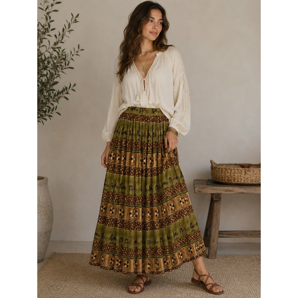 90s Boho Safari Animal Print Broomstick Skirt M Elephant Zebra Cottagecore